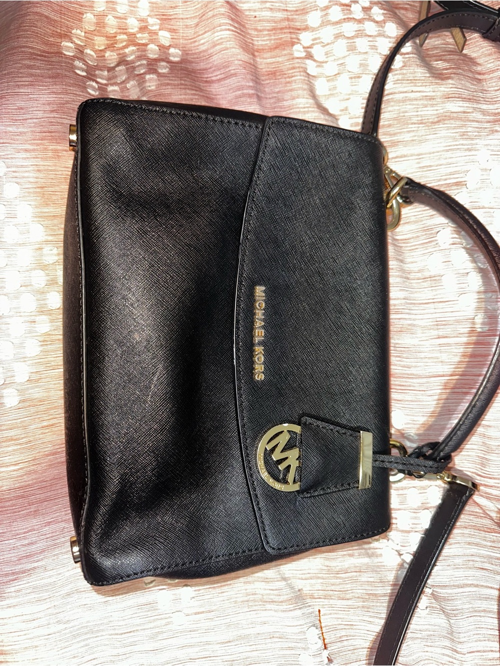 Michael Kors Black Leather Crossbody with Gold Logo Accent